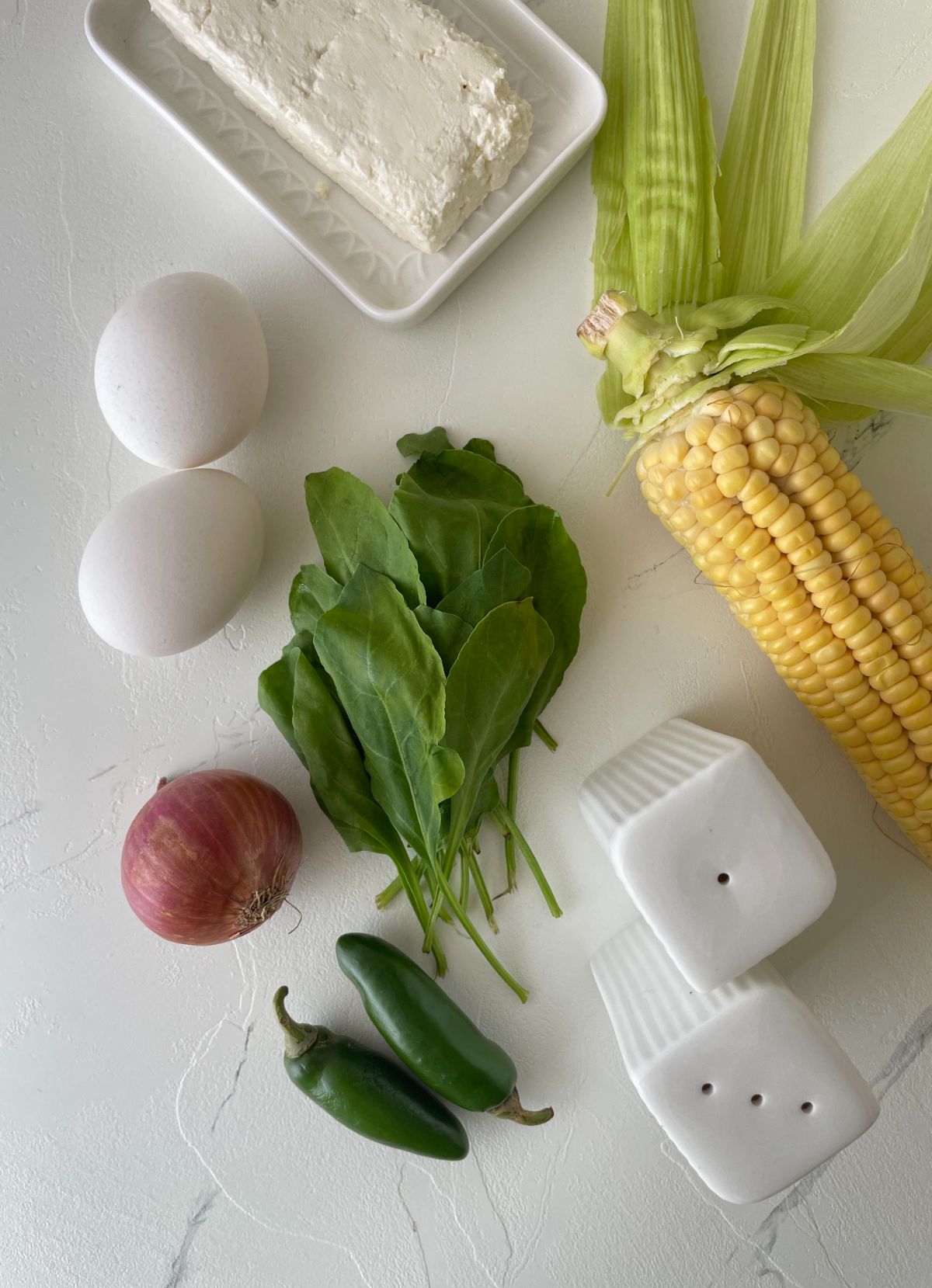 ingredients for the corn spinach and feta frittata