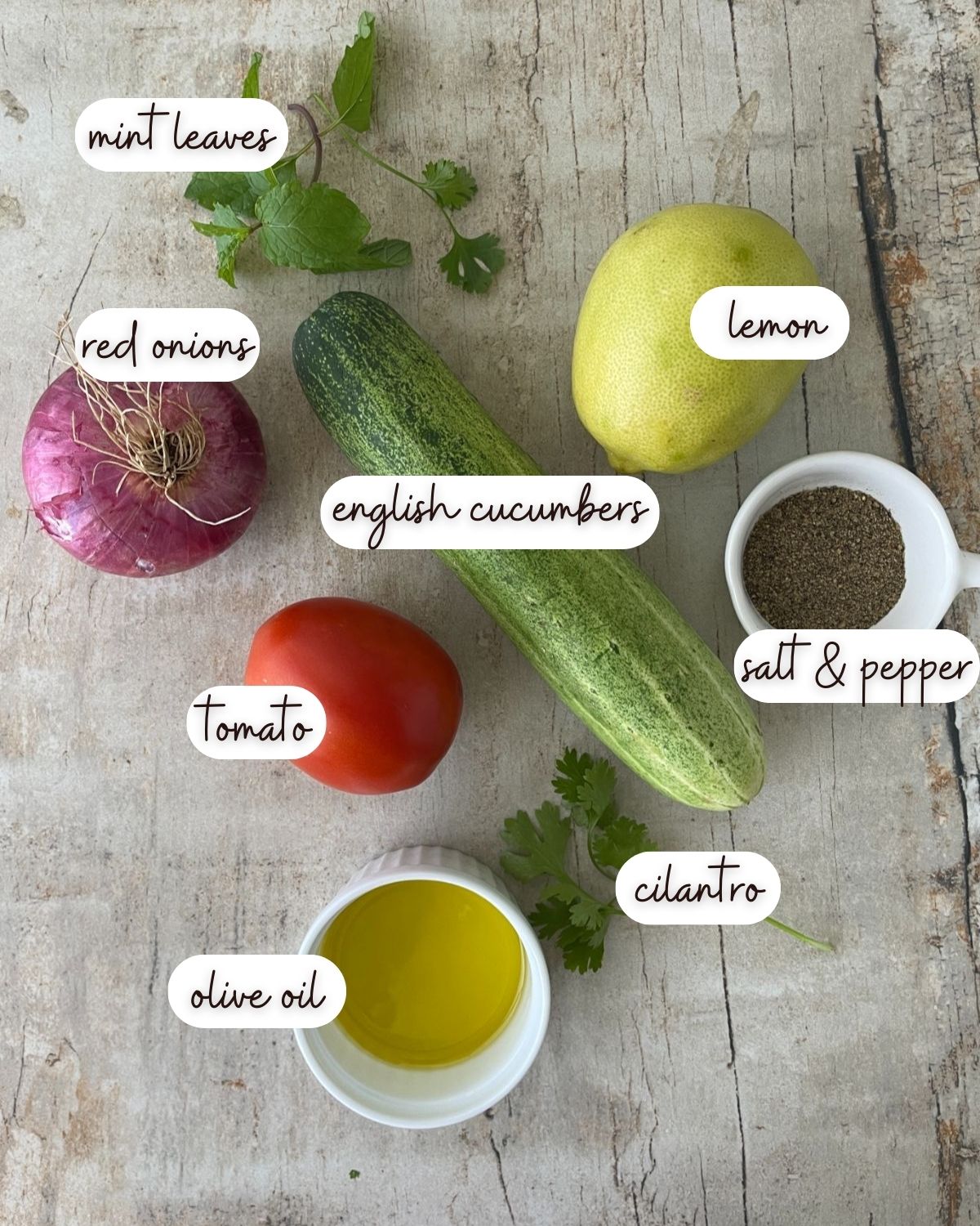Ingredients of Mediterranean Tomato Cucumber Salad