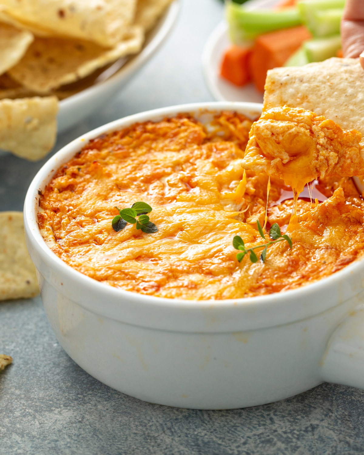 buffalo chicken dip served with tortilla chips