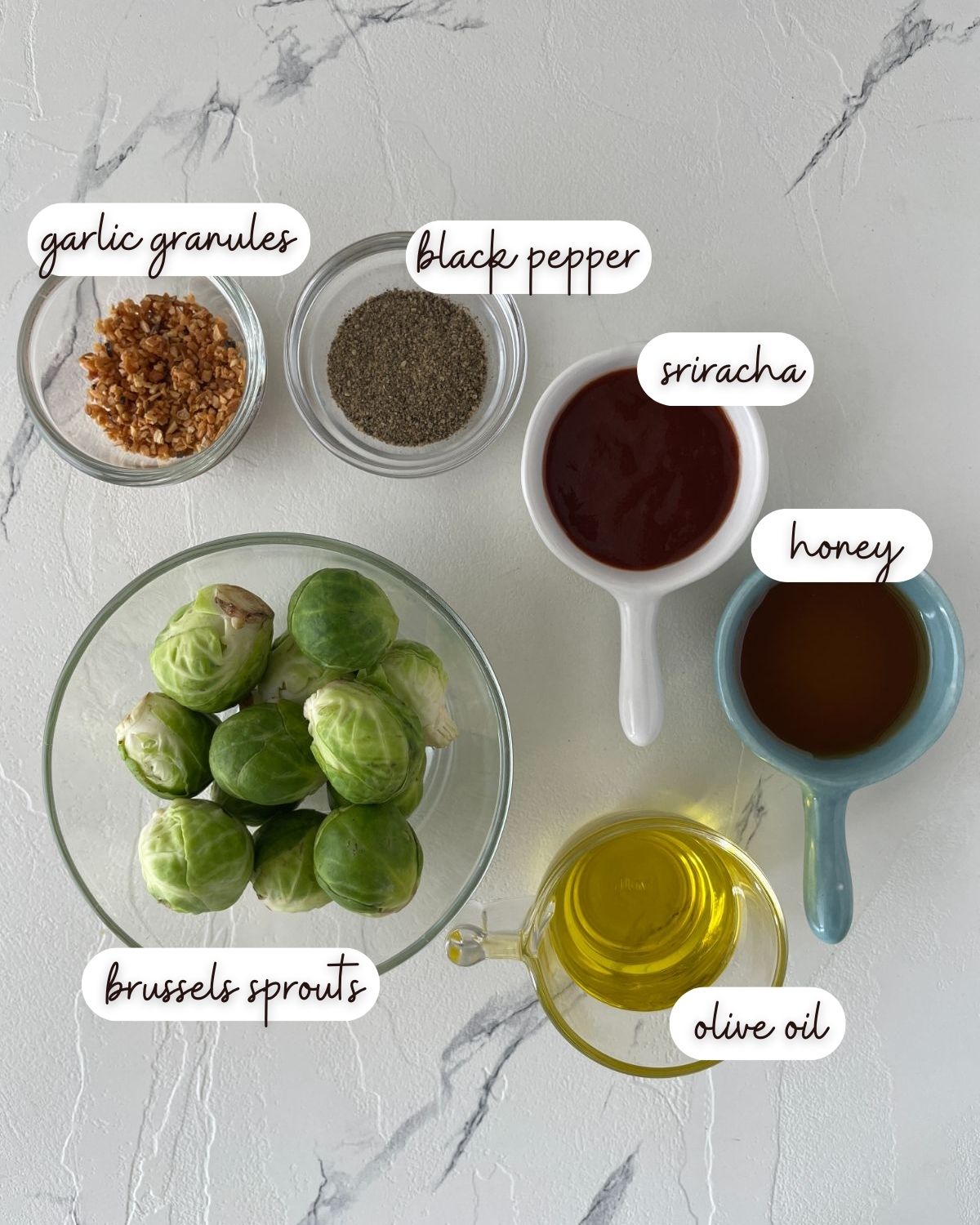 Ingredients of Honey Sriracha Brussels Sprouts