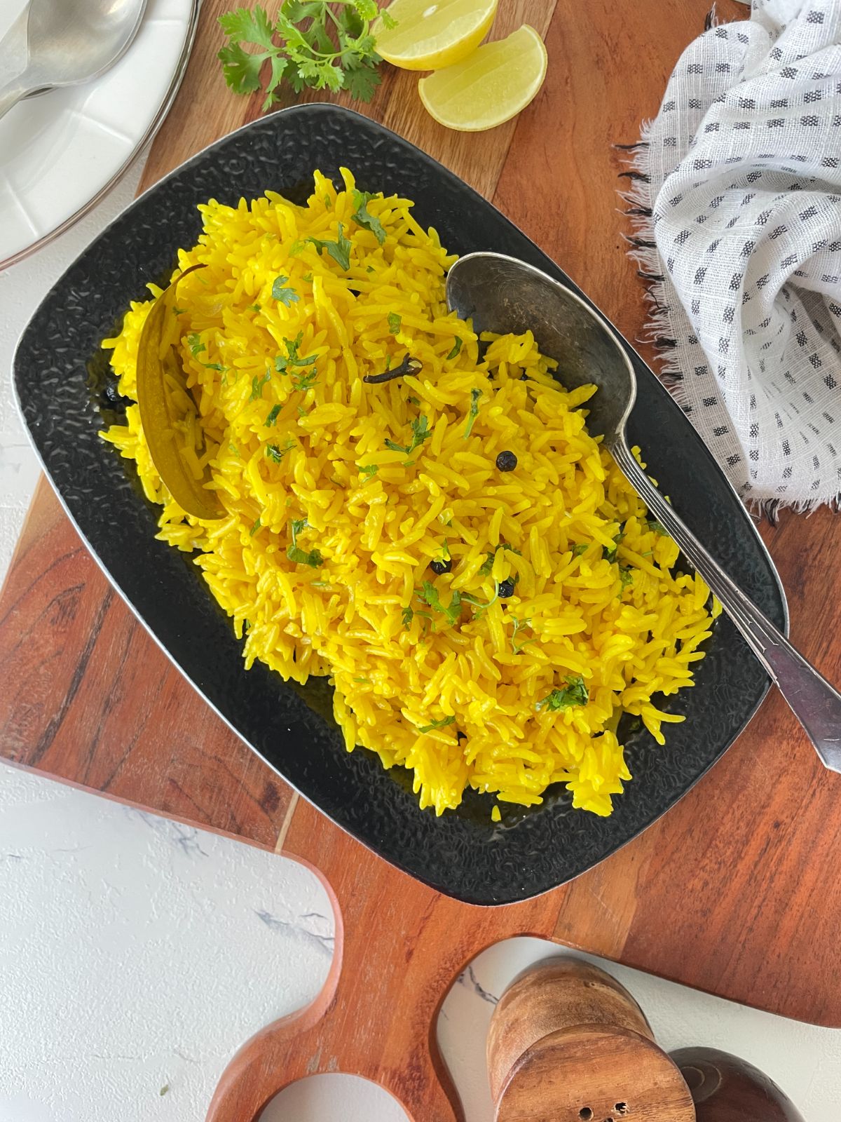 garlic turmeric rice served in a platter