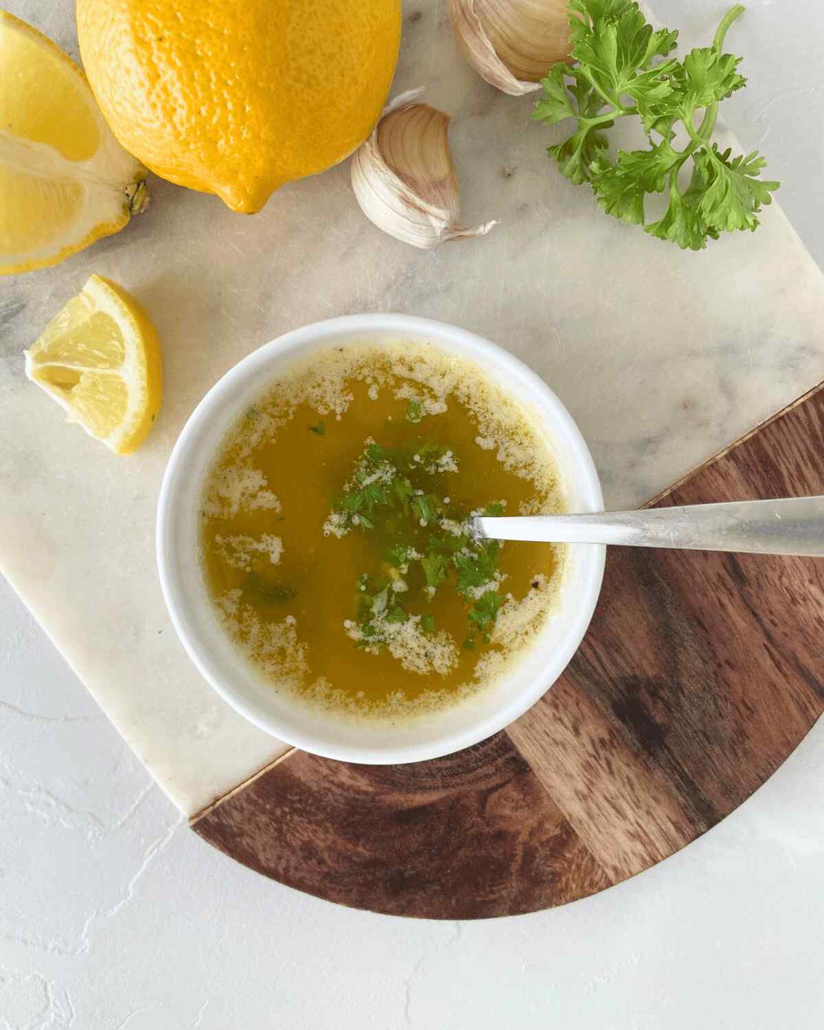 garlic lemon butter sauce served in a bowl