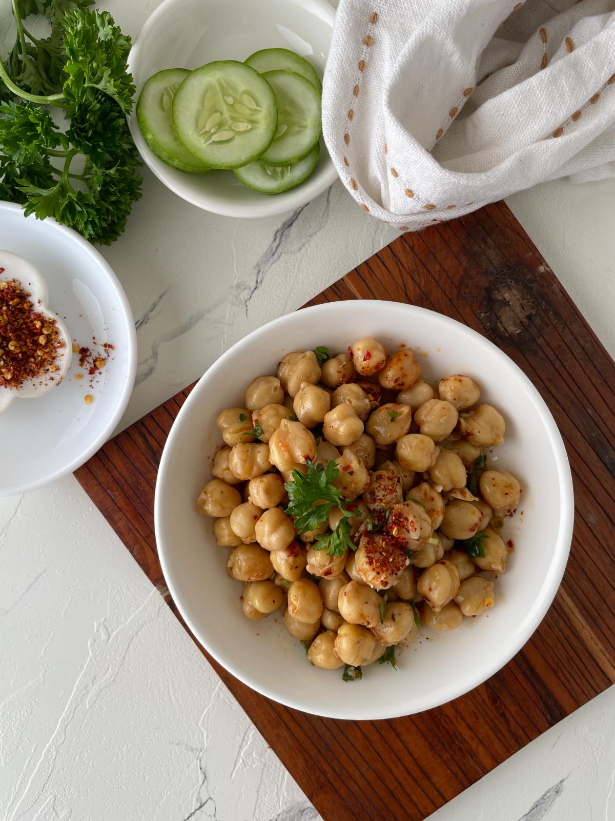 indian chickpea salad served in a white bowl
