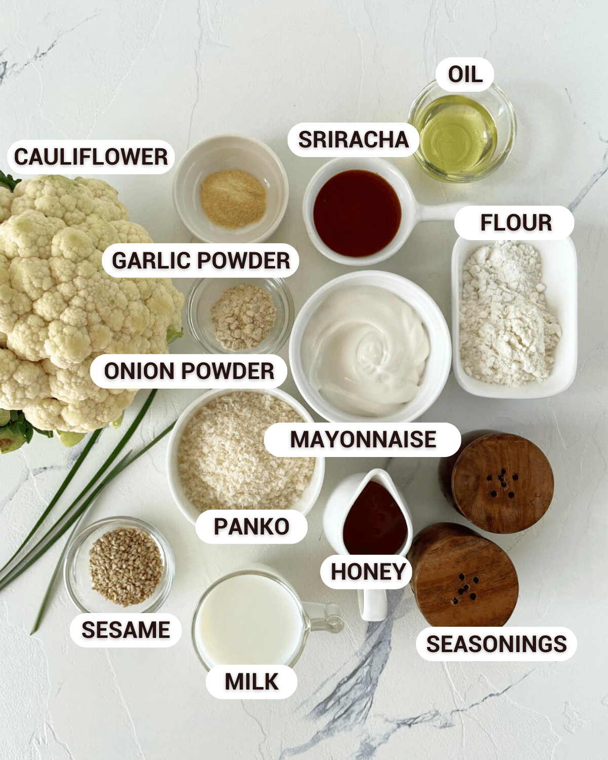 ingredients for the air fryer bang bang cauliflower