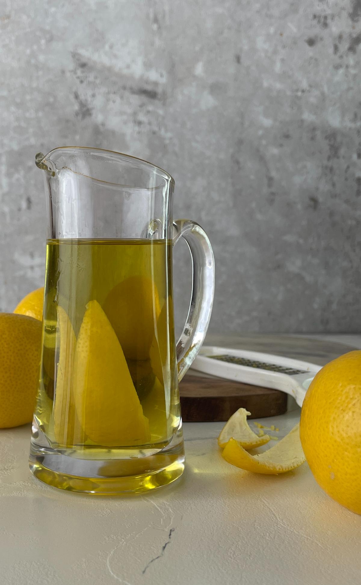  lemon infused olive oil served in a glass jar