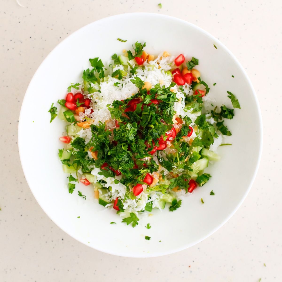 Grated coconut, chopped cilantro, roasted peanuts, pomegranate and pink salt are being mixed in a bowl