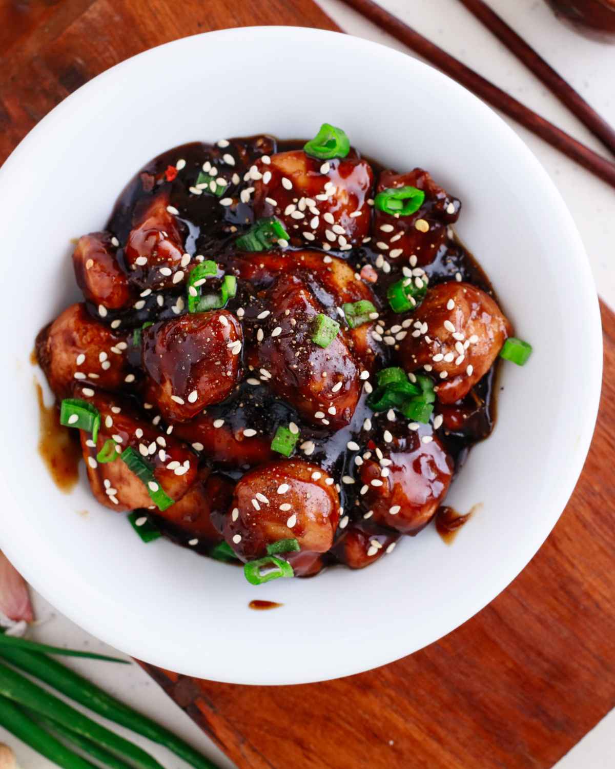 Top view image of Teriyaki Chicken in a bowl 