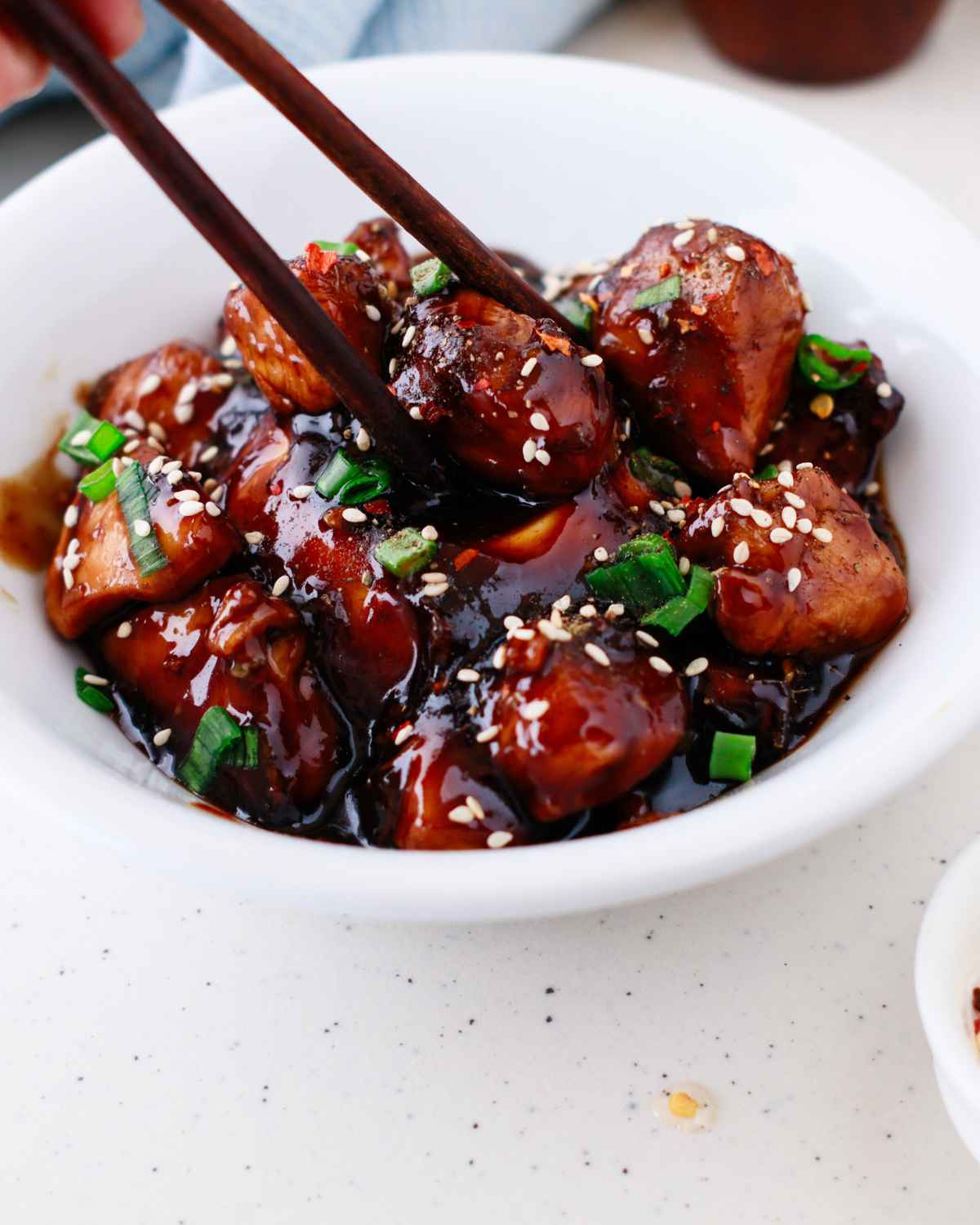 Side view of Teriyaki Chicken in a bowl