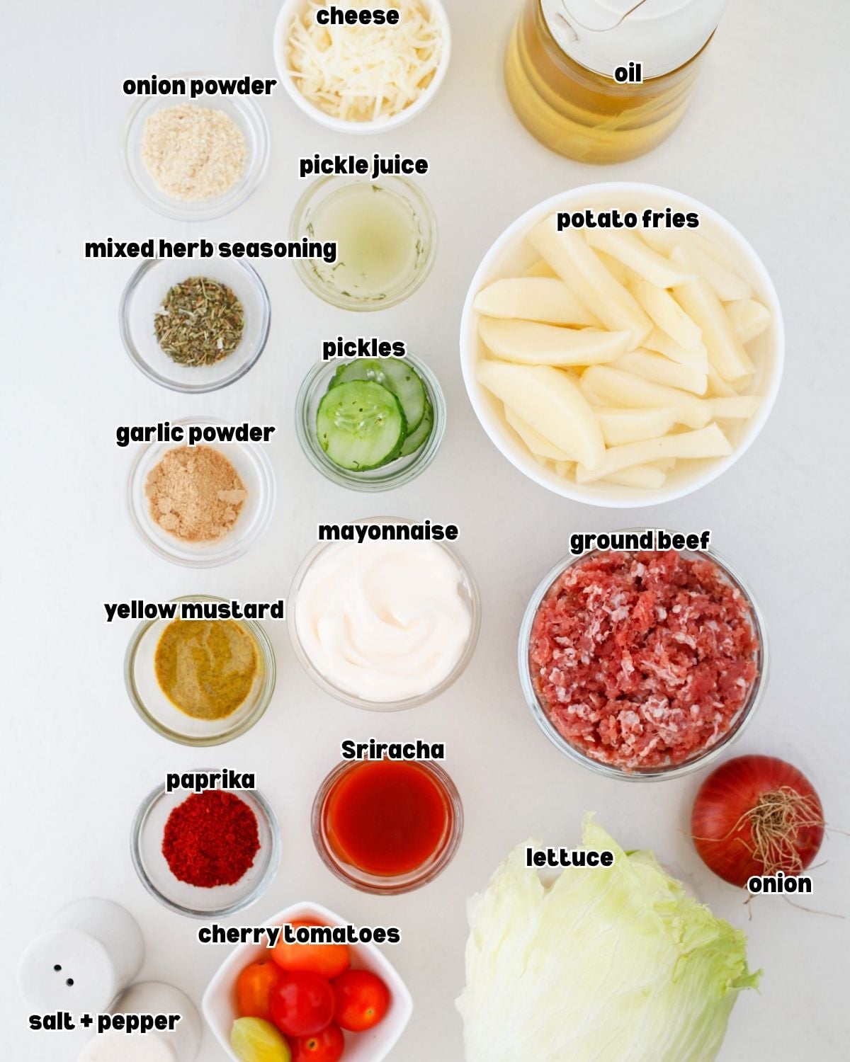 Ingredients for a loaded cheeseburger bowl
